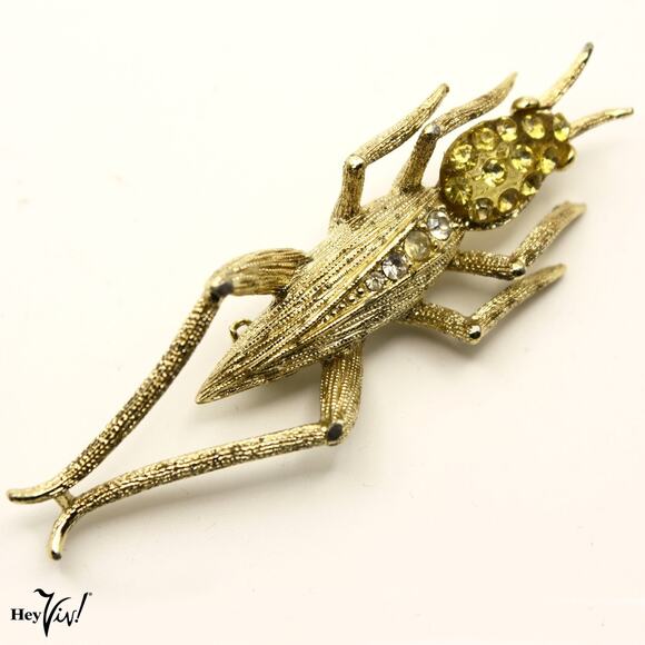 Vintage Grasshopper Brooch w Rhinestones Whimsical Bug Pin 2" Long - Hey Viv - Picture 1 of 7